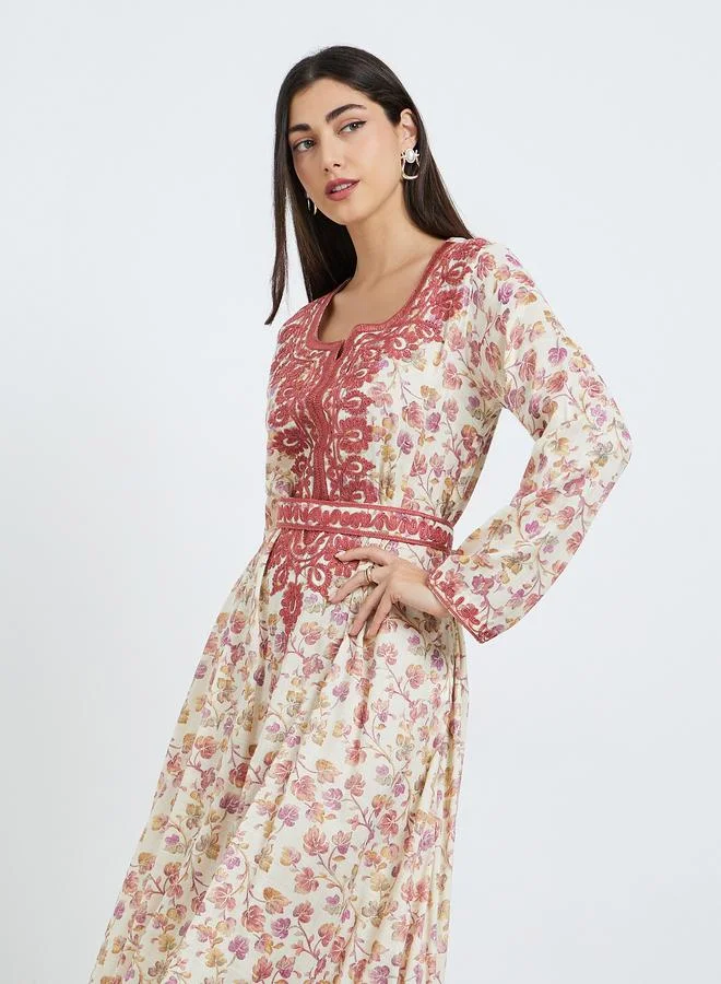 Women Floral Print Embroidered Belted Jalabiya